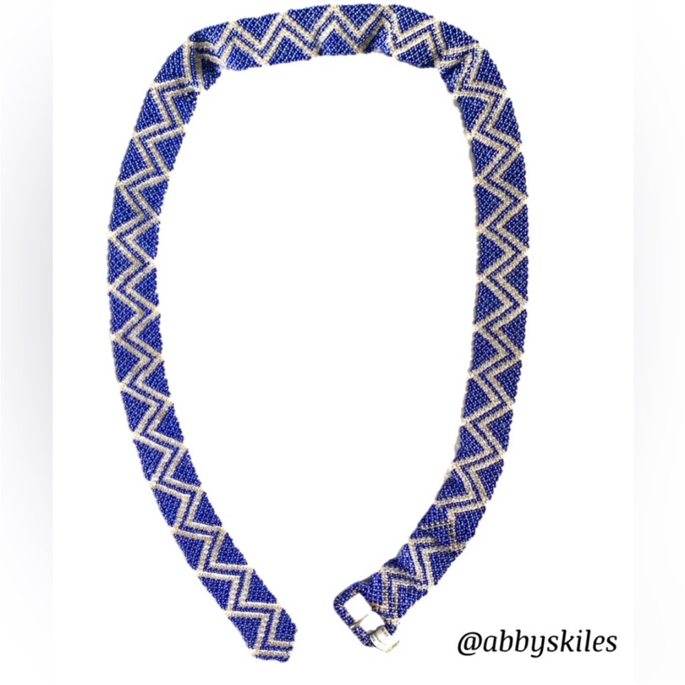 African Hand-Beaded Belt Navy & Silver Fits Most Sized Art To Wear - Picture 2 of 7